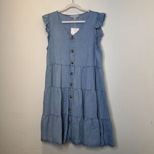Hayden Los Angeles Womens Light Blue Chambray Tiered Button Accent Dress M NWT